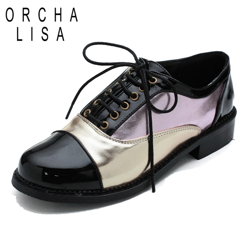 

ORCHA LISA 2018 Women Fashion Flat Shoes Casual pu Leather mixed color Footwear Female Lace Up Ladies Flats Women's ShoesPL1506