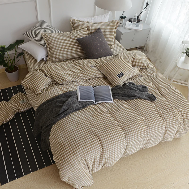 

Fashion Coffee Tartan Pattern Bedding Set Leopard Duvet Cover Sets Soft Bed Linen Flat Bed Sheet Set Pillowcase 4PCS Bed Cover