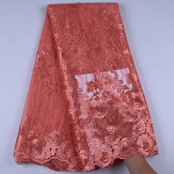 

Peach African Lace Fabric Embroidered French Laces Fabric High Quality French Tulle Lace Fabric For Wedding Party Dress 1373