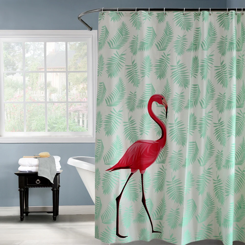 Happy Tree PEVA ECO Red Flamingo Green Leaves Shower Curtain Thicken