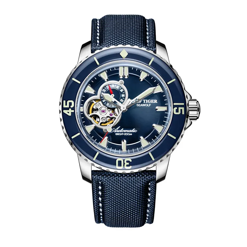 Reef Tiger/RT Mens Dive Watches Nylon Strap Blue Dial Watches Luminous Automatic Watch with Date RGA3039 