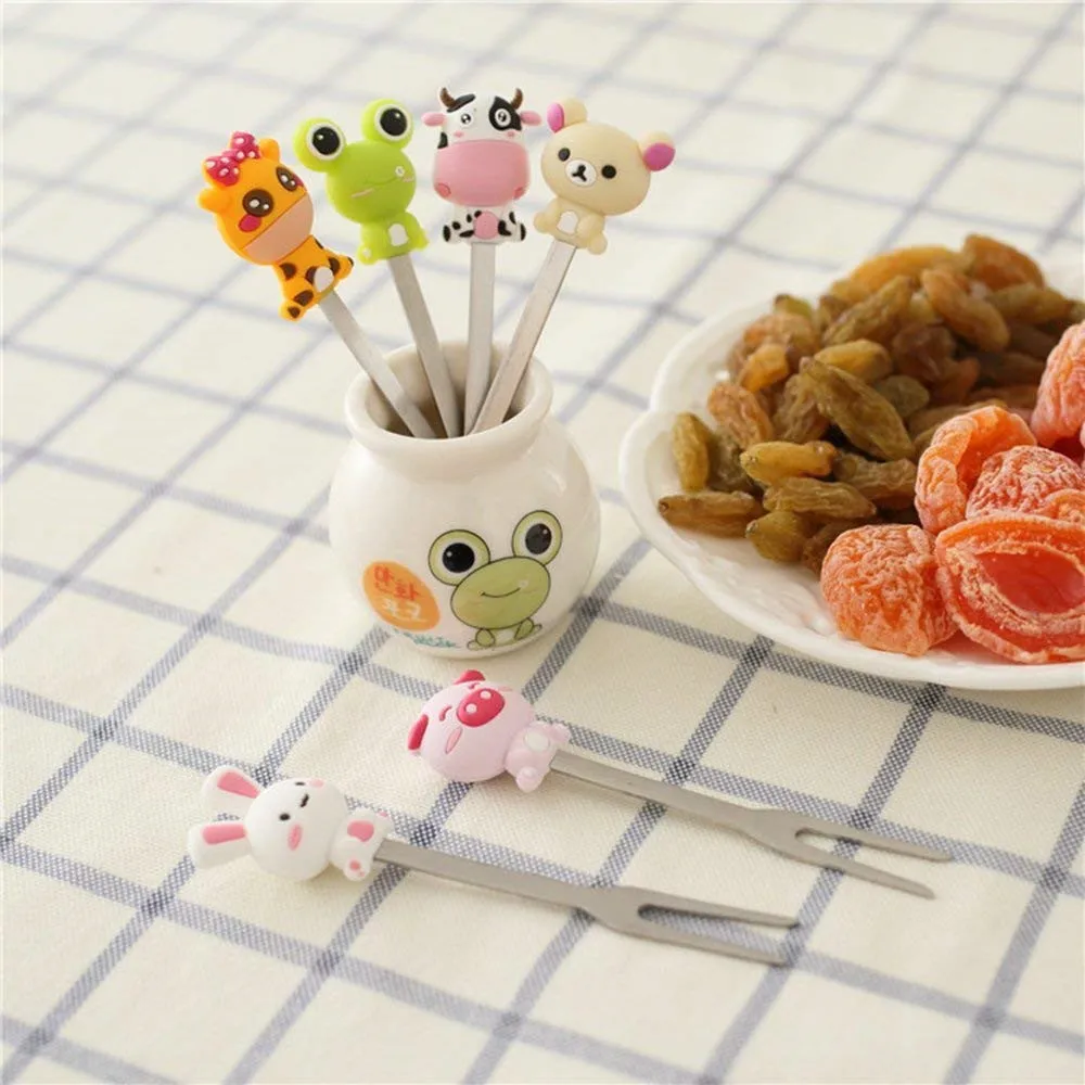 Cute Cartoon Salad Forks Mini Dessert Fruit Forks Holder Stainless Steel with A Holder Silicone Handle Cake Food Pick Fork Set 6 Pcs for Home and Restaurant (Mix Animal)04