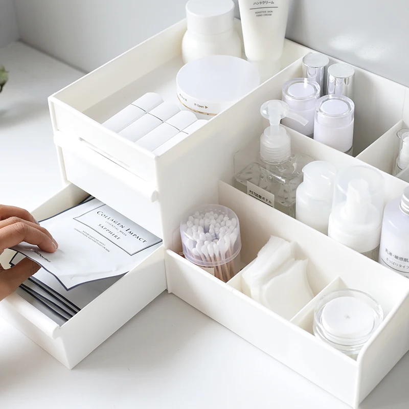 Ins Large Cosmetic Storage Box With Drawer White Desktop Jewelry Mask Lipstick Brush Makeup Organizer Sundries Container