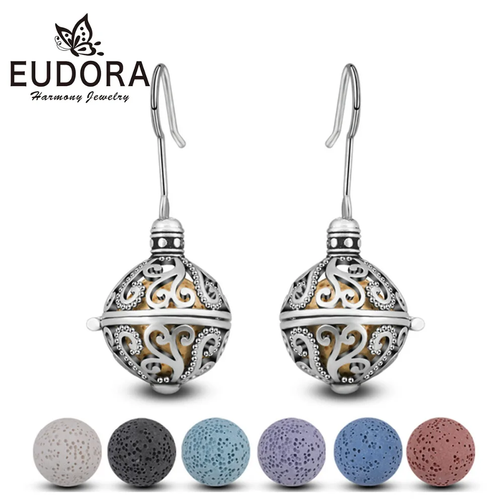 

EUDORA 12mm Copper Celtics Flower Drop Earring Vintage Aromatherapy Essential Oil Diffuser Hook Earring fit Lava Stone Ball HR04