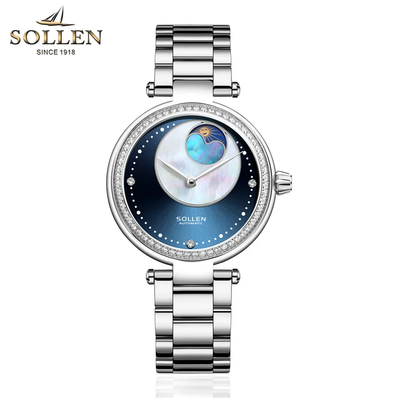 

SOLLEN New Simple Elegant Steel Strap ladies watches women Moon Phase waterproof diamond Calfskin Strap mechanical Wrist Watches
