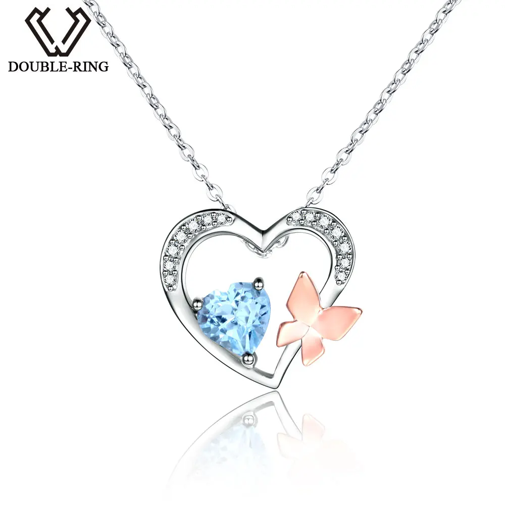 DOUBLE R Genuine Natural Blue Topaz Heart Pendants Real 925 Sterling