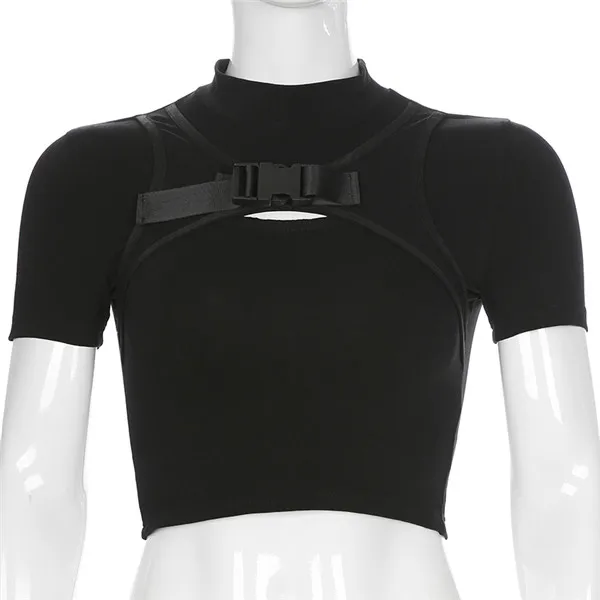 Rockmore черная облегающая Готическая футболка с пряжкой женские хлопковые открытые футболки с коротким рукавом женские повседневные футболки хип хоп - Цвет: Черный