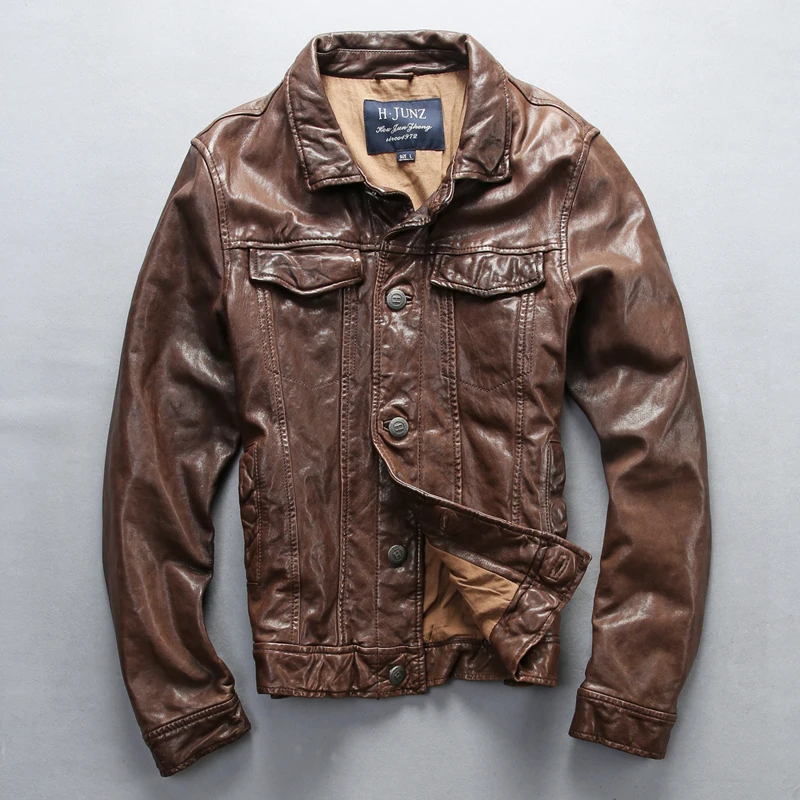 

Men's Genuine Leather Jacket Brand Luxury Vintage Sheepskin Motorcycle Biker Jacket for Male Designer Classic Zipper Flight Coat