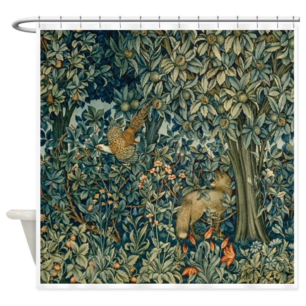 

William Morris Greenery Decorative Fabric Shower Curtain Waterproof Polyester Fabric 8 Sizes Shower Curtain 12 Hooks