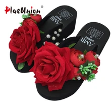 Клинья кувырок плюхается пляж платформа за пределами обувь цветочный слайды дом домашние тапочки главная женщины клин шлепки лук сандалии провал сланцы женские пляжные шлепанцы на платформе вьетнамки для женщин