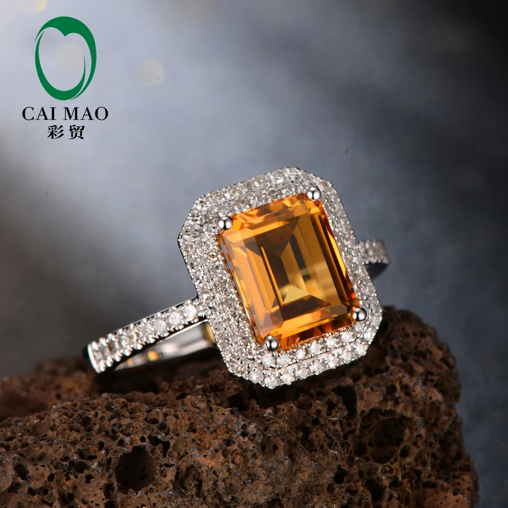 Caimao Jewelry Retro Romantic 7x9mm 2.45CT Citrine Emerald Shape & 0.39ct Natural Diamond 14K White Gold Ring