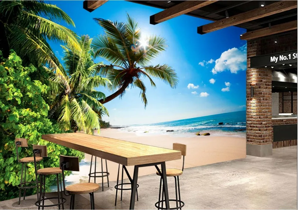 

Custom 3d photo wall mural wallpapers for living room Coconut Beach Blue Sky Sea Seaside Sea View beautiful landscape wallpaper
