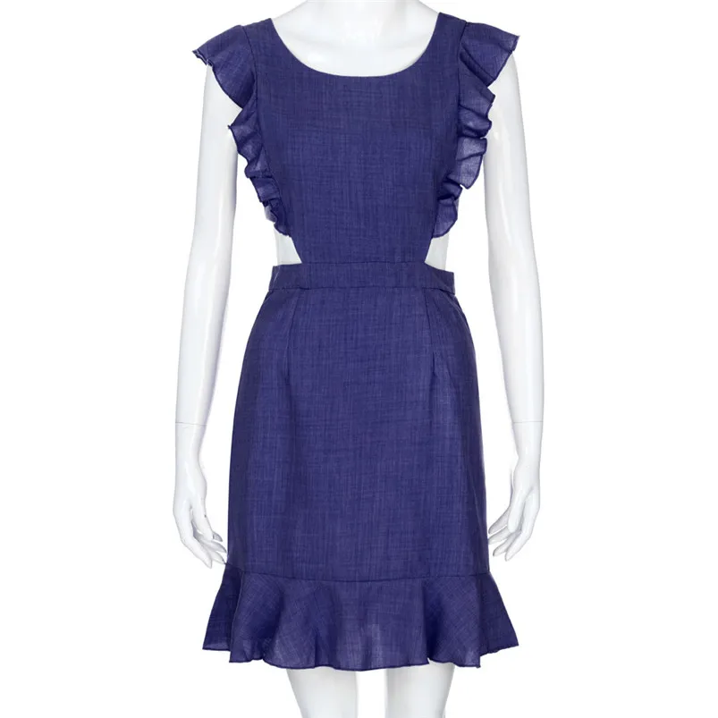 2018 HOT sell Dress summer beach dress Women Solid Short Sleeve Ruffles Backless Hollow Out Beach Boho Mini Dress vestido J08#N (16)