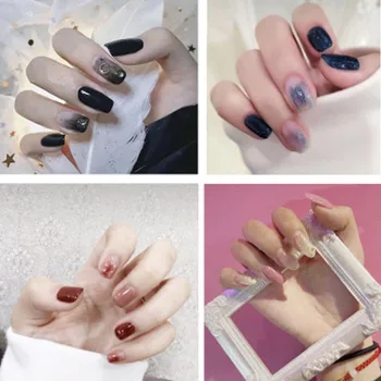 

24pcs Women Manicure Fake Nail Stickers Detachable Star Moon Short Round Full Cover Shiny Artificial Nail Patches With Glue