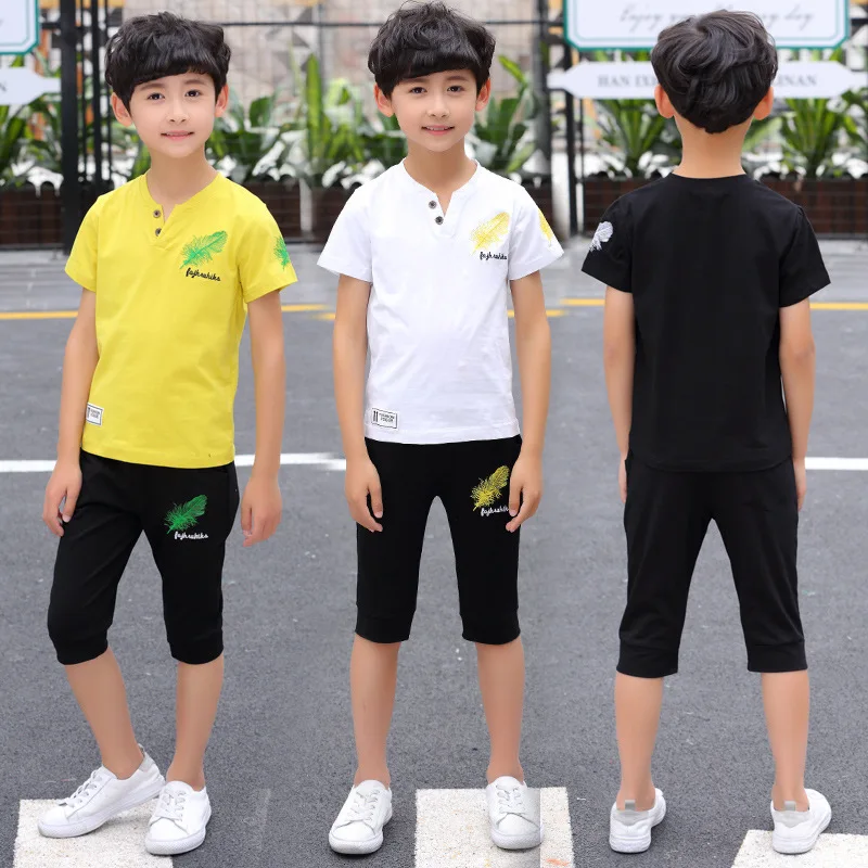 

Summer Teens Boy Clothing Sets 4 To 14 Year Feather Embroidery Black White Yellow T Shirt Shorts Two Piece Kids Boy Sport Suit