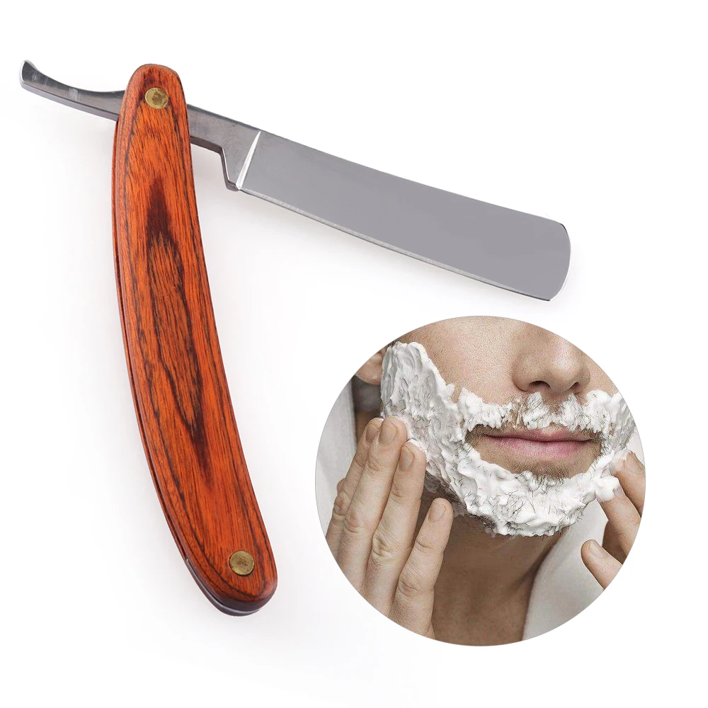 

1 Pc Wood Handle Stainless Steel Straight Edge Men Razor Blades Barber Folding Shaving Knife Hot Sale gifts for dad friends
