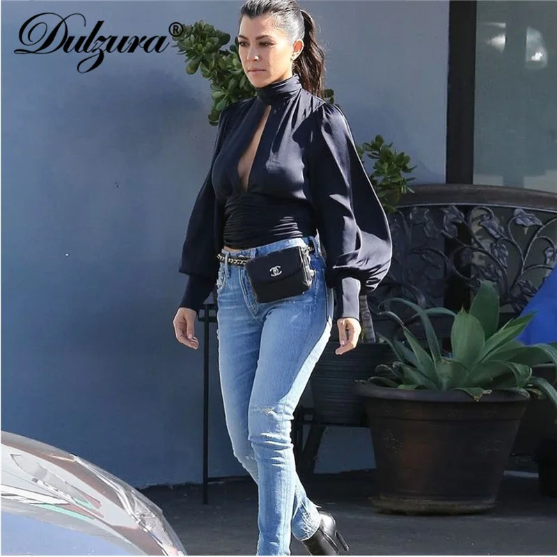

Dulzura high neck long sleeve hollow out tunic blouse 2018 autumn winter women sexy shirt casual backless top