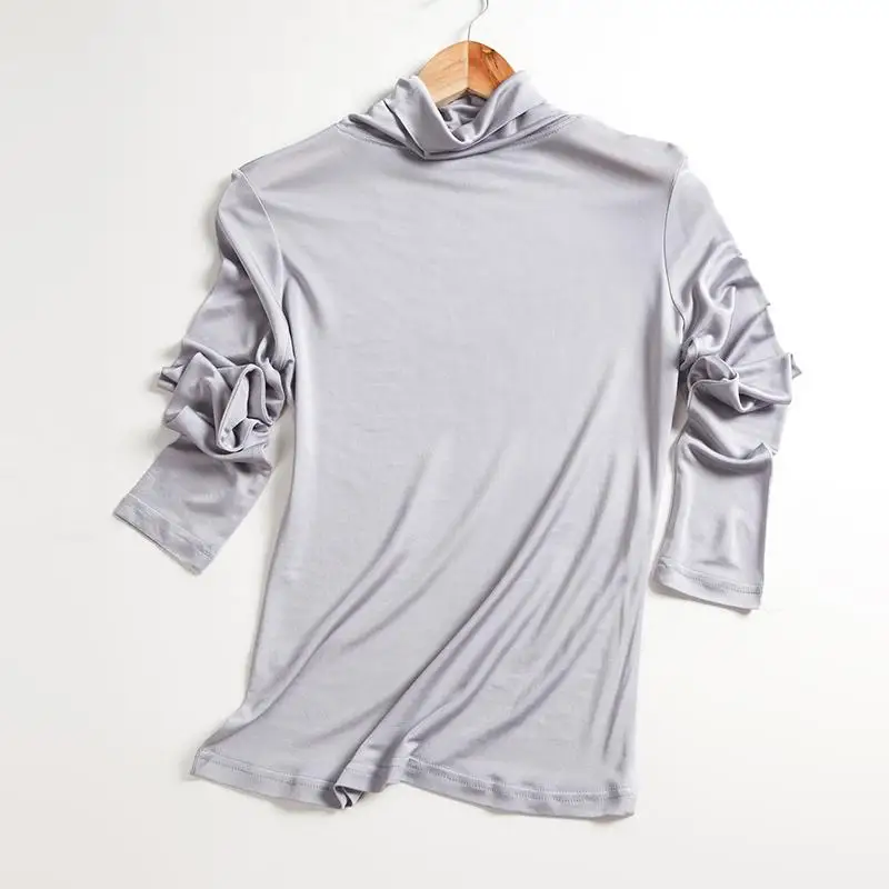 Натуральный шелк 150 г Двусторонняя трикотажная женская рубашка с рукавами водолазка рубашка куртка с лацканами - Цвет: Серебристый
