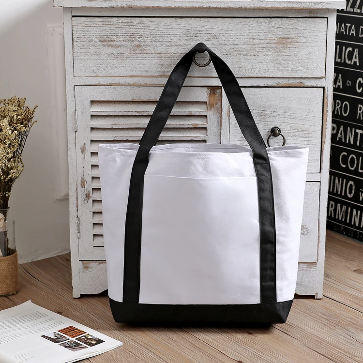 Custom Black and White Mixed Fabric Canvas Promotional Shopping Tote