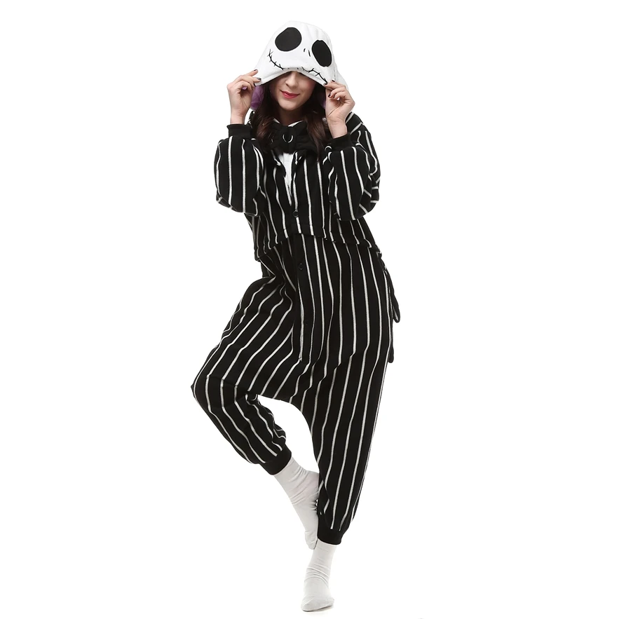 Взрослых флис kigurumi Джек Скеллингтон Косплэй костюм мультфильм Onesie пижамы Хэллоуин карнавал-маскарад партии комбинезон