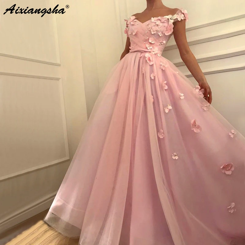 

Pink Prom Dresses 2019 A-Line Off the Shoulder Flowers Pearls Tulle Party Maxys Long Prom Gown Evening Dresses Robe De Soiree