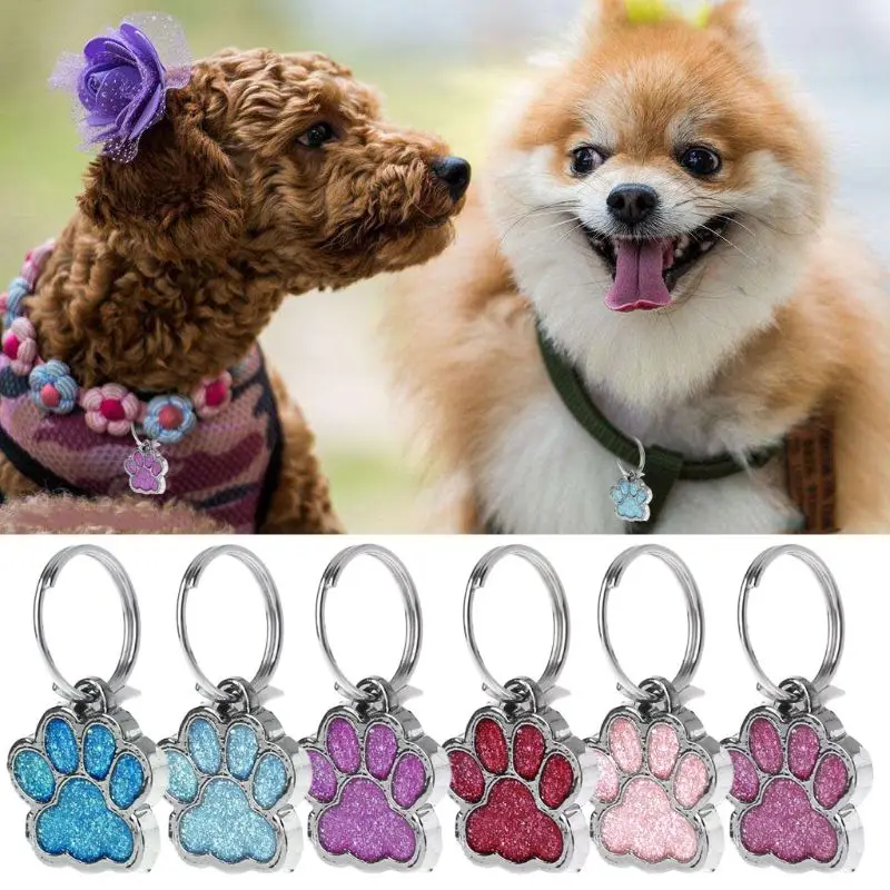 

Pet Dog Cat ID Tag Shiny Glitter Paw Shape Keychain With Ring Pet Collar Tag