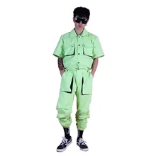 Для мужчин Лето, Мульти накладные карманы комбинезоны мужской короткий рукав хип-хоп модные комбинезоны брюки певица танцевальный сценический одежда