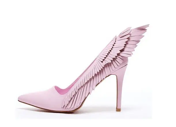 

Pink Wings Pumps High Heel Female+Shoes Fashion Pointed Toe Thin Heels Shoes Spring Autumn Suitable Shoes Stable Party Shoes