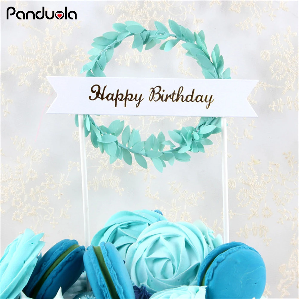 

2Pcs Pink Green Leaf Wreath "Happy Birthday" "Sweet Love" Cake Topper Dessert Decoration for Birthday Party Lovely Gifts
