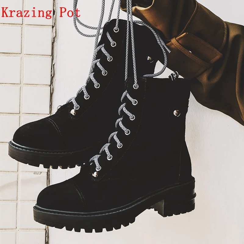 

Krazing Pot full grain leather 2018 keep warm motorcycle Western boots platform round toe metal rivets fasteners ankle boots L36