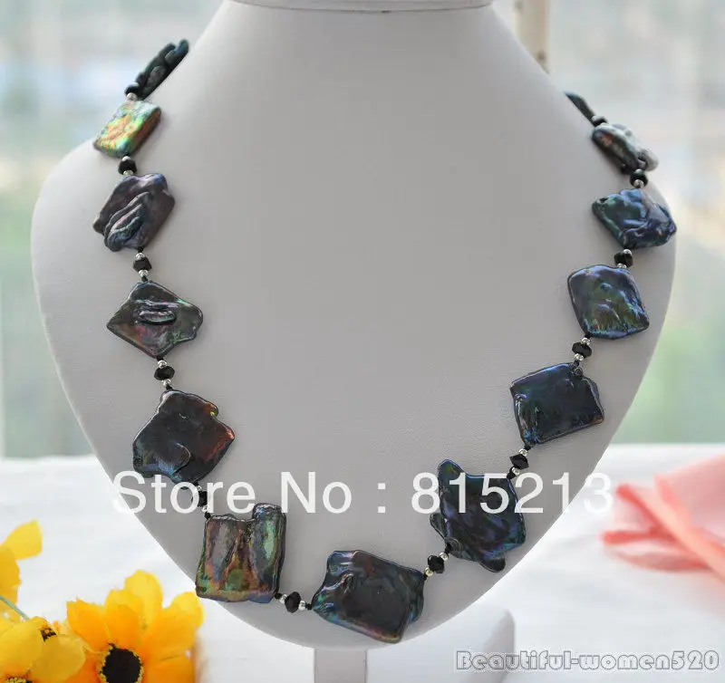

FREE SHIPPING>>> HOT930 28mm BLACK square KESHI REBORN PEARL agate bead NECKLACE