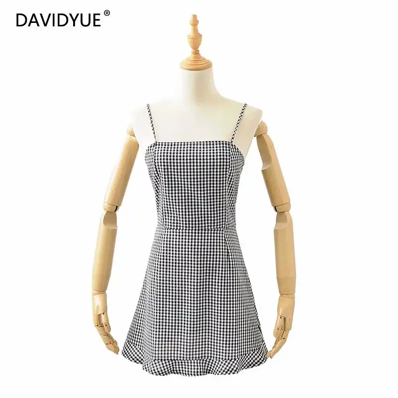 

2019 Summer Dress women Elegant ruffle Plaid dress vintage Korean fashion clothes sexy Spaghetti Strap mini dress streetwear
