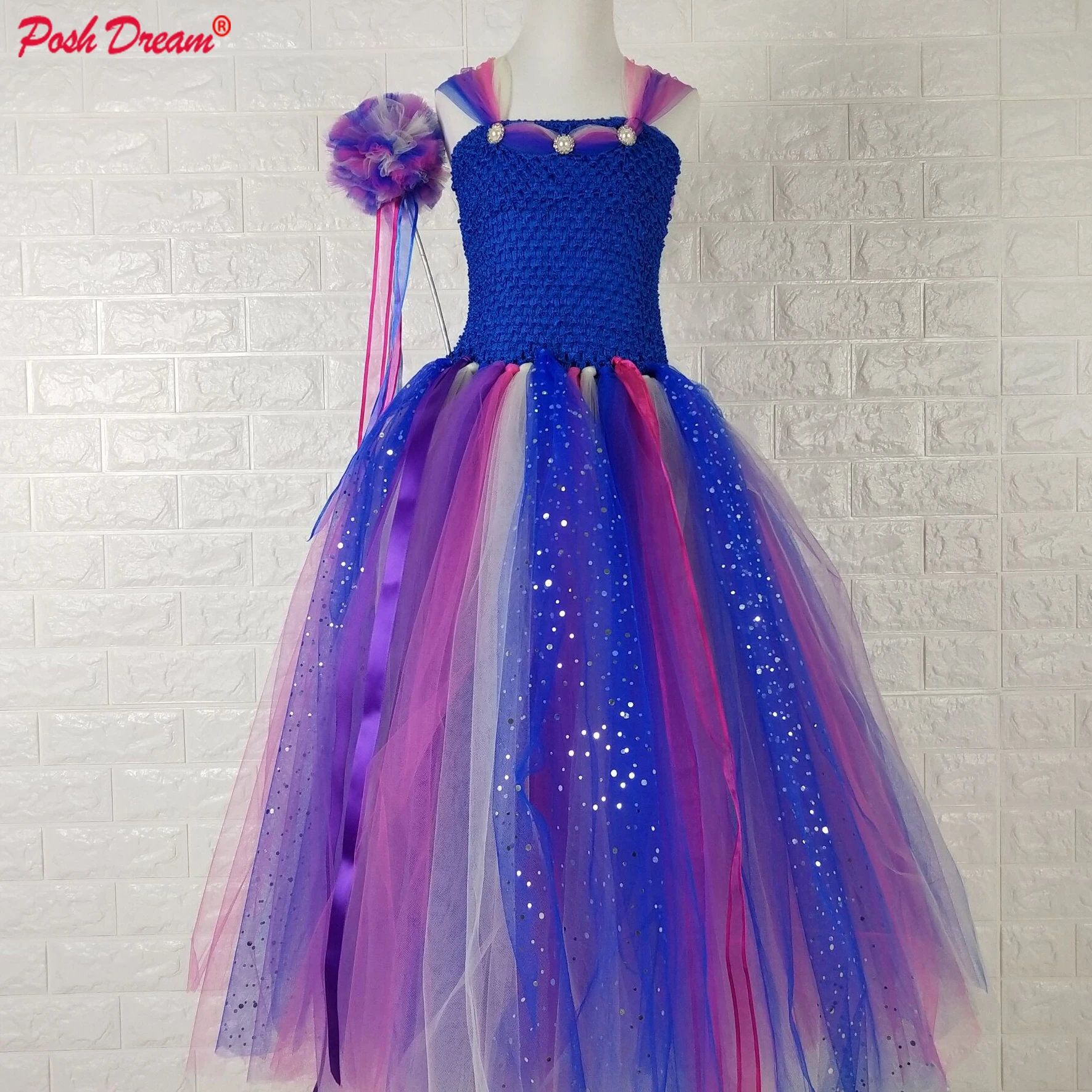 

POSH DREAM Royal Blue Fairy Princess Kids Girls Party Dresses for Birthday with Magic Wand Sparkly Kids Flower Baby Girls Dress