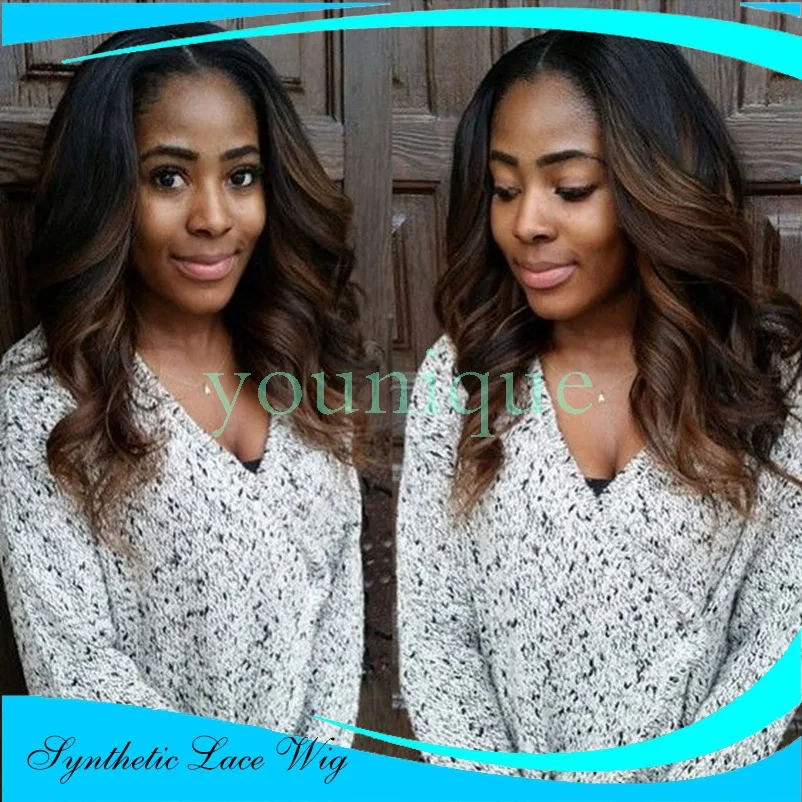 

Black with brown long curly hair African fashion ladies wavy hair Lace Front Wig Heat resistant synthetic wig
