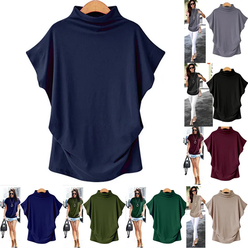 

Women Plus Size T Shirt Turtleneck Short Sleeve Cotton Solid Casual Top