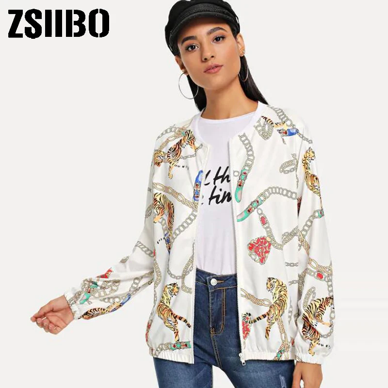 

Women Jacket Animal Print Zipper Up Retro Coat Spring 2019 Summer Long Sleeve Basic O-Neck Loose Short Biker Jackets Female
