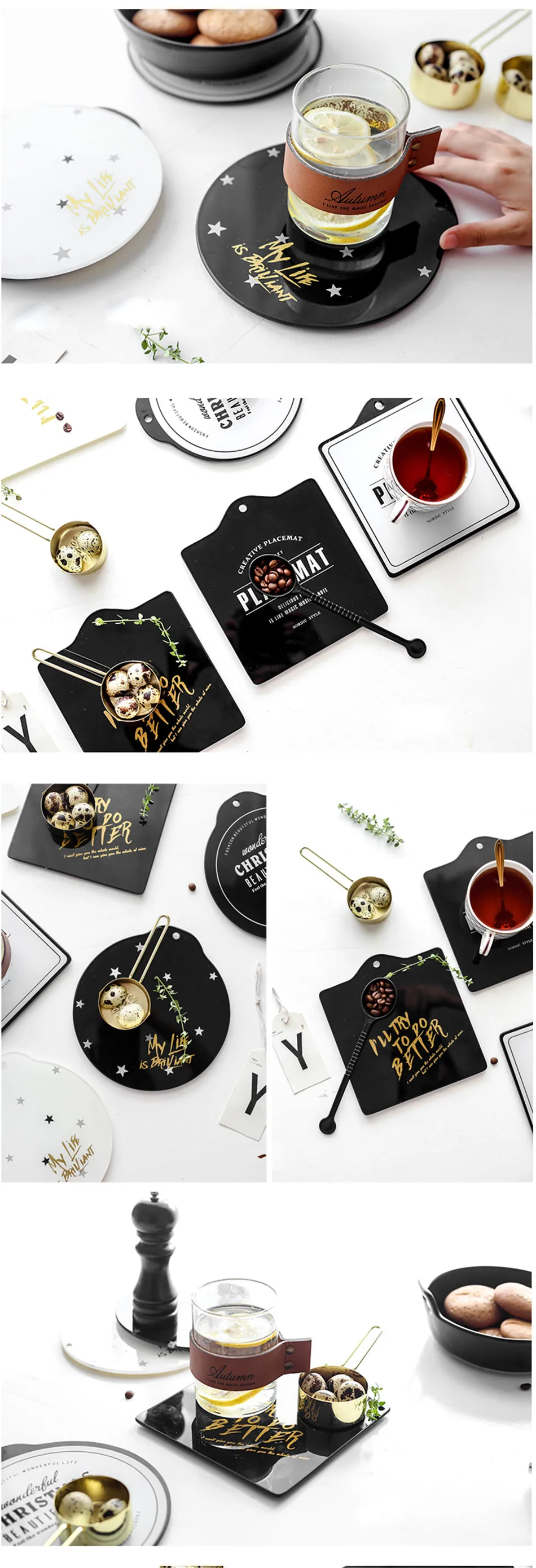 Luxury Gold Plating Letter Tempered Glass Drink Coaster Coffee Cup Mat Tea Pad Star Point Pattern Round Square Dining Placemats (4)