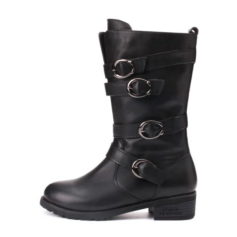 Femmes En 3441 Taille Chaussures Chaud Bottes Noir Boucle D'hiver mollet Punk Cuir Peluche Mi Appartements Razamaza Véritable Moto L34Rj5A