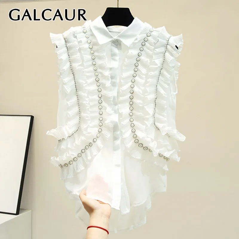 

GALCAUR Summer Casual Diamond Patchwork Women Shirt Sleeveless Lapel Off Shoulder Ruffles Blouse Female Fashion 2019 New
