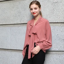 Blouse Women Loose Shirt Elegant Design Pink Tie Neck Long Batwing Sleeves Solid Office Top New Fashion Style Spring 2018 grey self tie design bell sleeves chiffon blouse