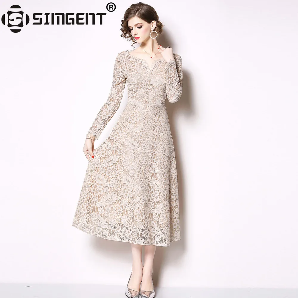 Женское кружевное платье миди с V образным вырезом и длинным рукавом|Платья| |