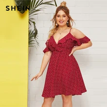 SHEIN, платье трапециевидной формы размера плюс с оборками и открытыми плечами, с принтом в виде конфетти и сердца,, женские летние платья с высокой талией в стиле бохо