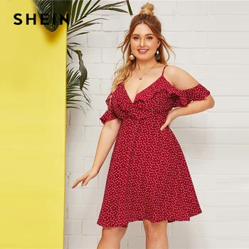 Женское платье-трапеция с оборками SHEIN, платье с открытыми плечами и принтом в виде сердца, летнее платье Бохо с завышенной талией, 2019
