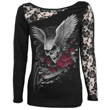 Футболка женская мода Дамский круглый вырез череп с длинными рукавами кружева пэчворк Сексуальная футболка с длинными рукавами Vestidos BLK9000