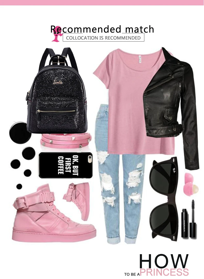 Barbie Женские рюкзаки в живом стиле, Сумка с блестками для девочек, черные кожаные сумки на плечо, Студенческая модная сумка, сумка для молодых девушек