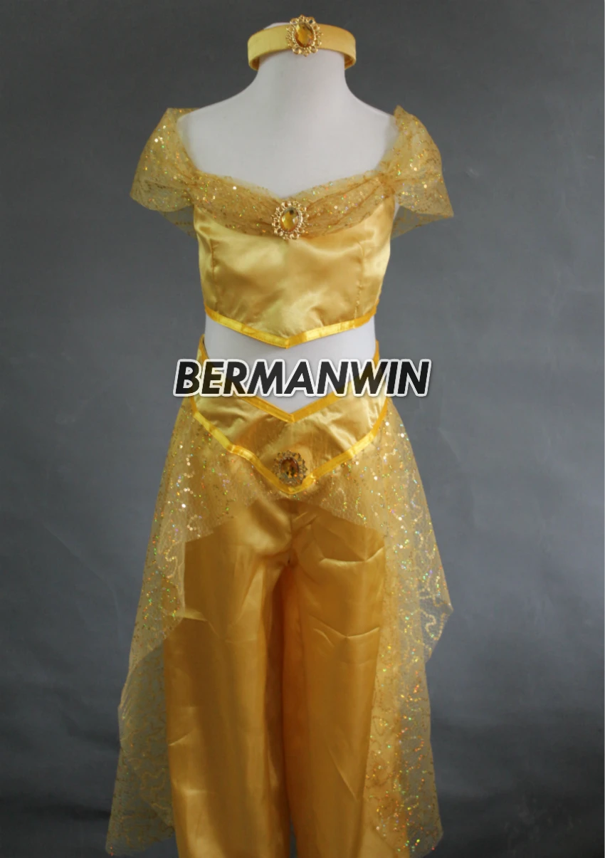 BERMANWIN Высокое качество принцесса платье цвета Жасмин желтый жасмин костюм с головной убор девушки Женщины Хэллоуин Косплей Костюм