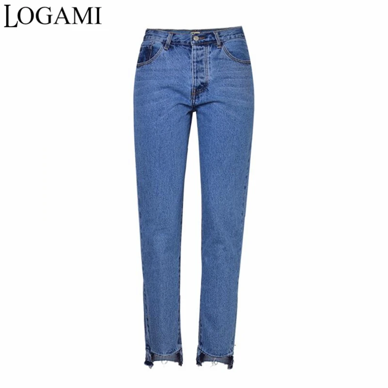 LOGAMI Высокая талия джинсы женщина прямо нерегулярные Для женщин джинсы брюки