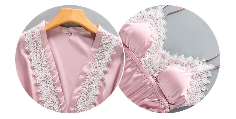 Queenral 4PCS Pajamas Set Satin Sleepwear Female With Chest Pads Long Sleeve Summer Home Clothing Pijama Nightwear Robe Pyjamas3