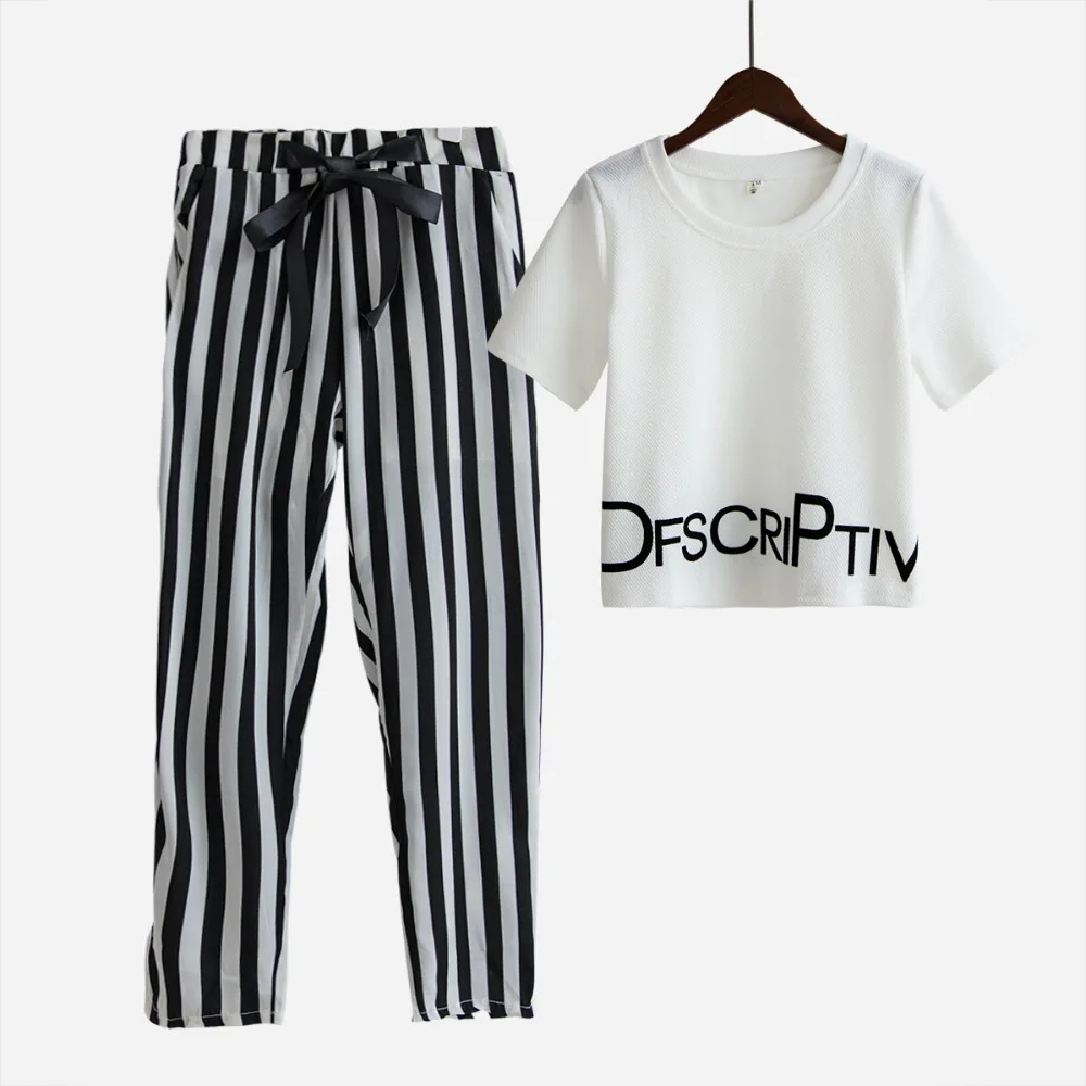 

Womens Set Summer White Letter Printed T Shirt Sexy Cropped Tops +Striped Pants Calf Length Casual Tracksuit S65347R