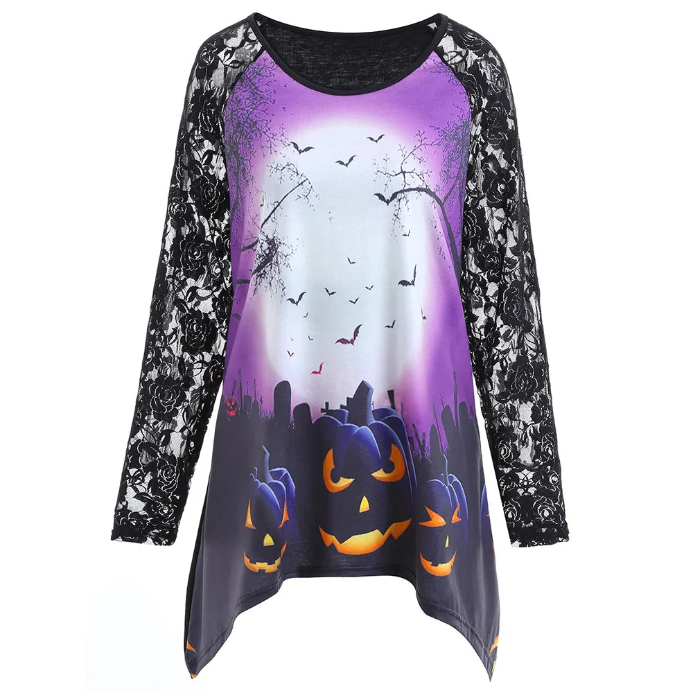 

Women Blouses 2019 Women Halloween Party Lace Patchwork Pumpkin Print Long Sleeve Tops Blouse Shirt Blusas Femininas Tops